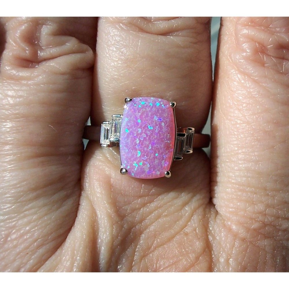 925 STERLING SILVER Lab Created Pink Fire Opal Cubic Zirconia Ring - Picture 11 of 16